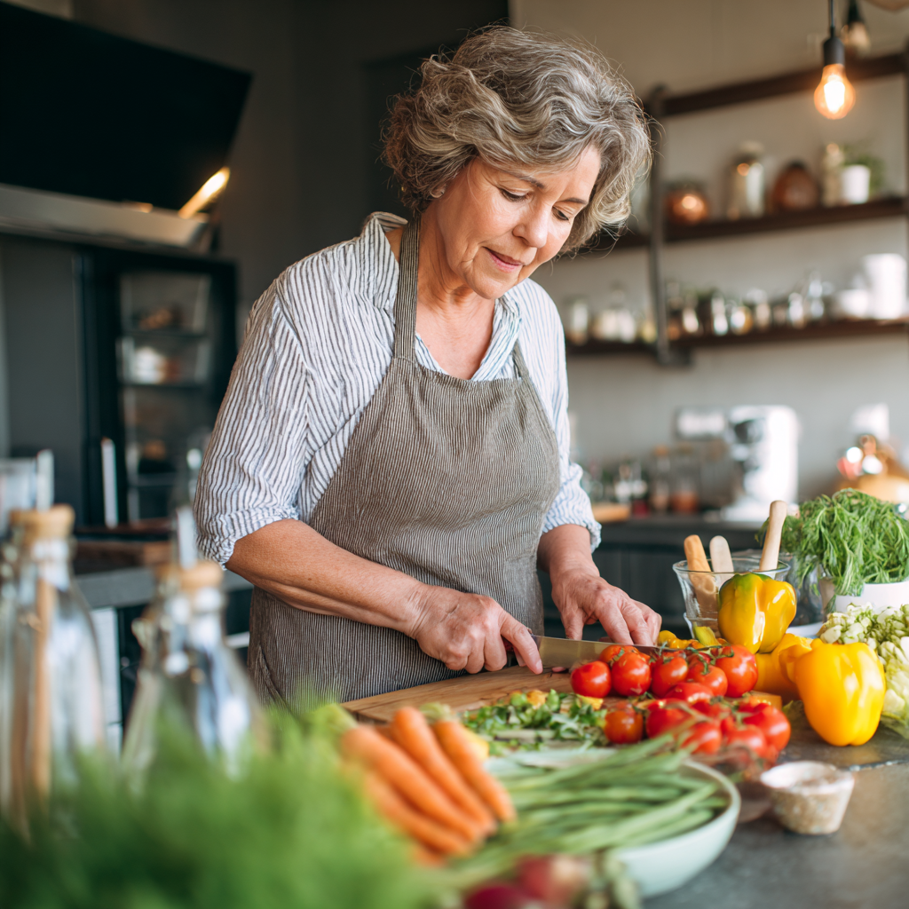 Mature woman preparing healthy balanced meal with fresh vegetables in modern kitchen