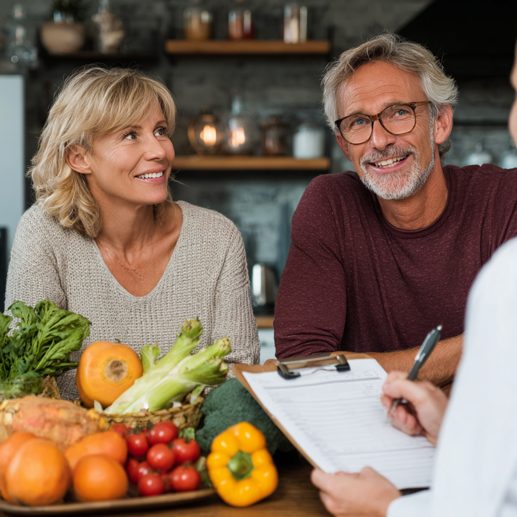 Middle-aged couple consulting with nutritionist about healthy meal planning and lifestyle changes