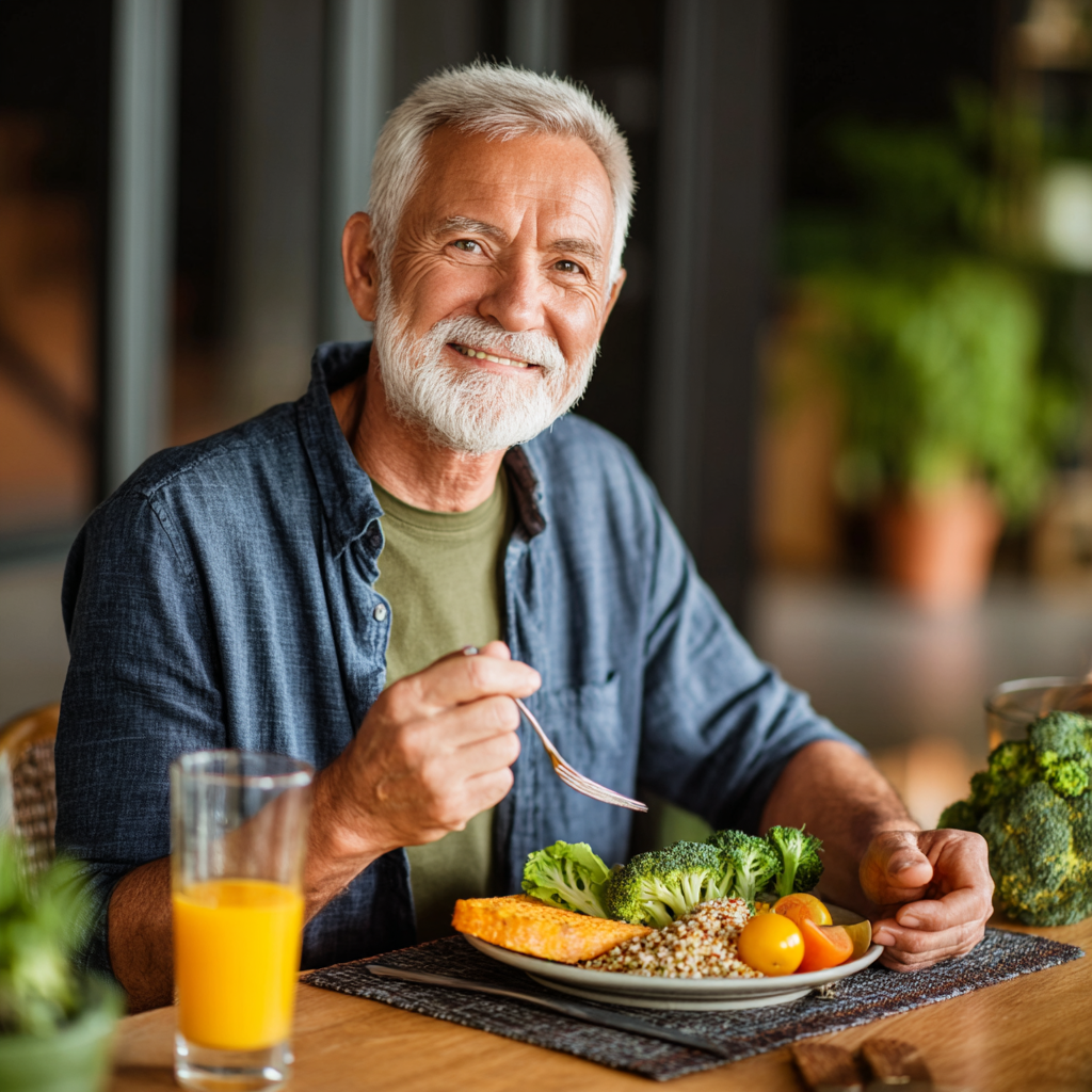 Senior man enjoying healthy colorful meal with vegetables and grains while feeling energetic and satisfied